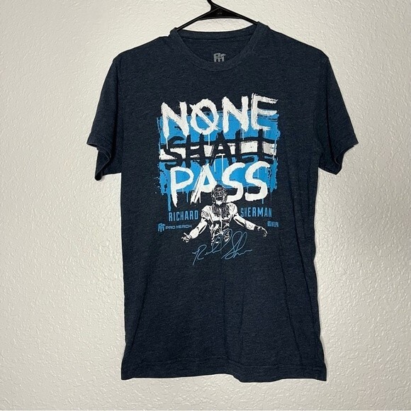 Pro Merch Mens Blue Richard Sherman 25 None Shall Pass Cotton Graphic Tee sz S - Picture 1 of 5